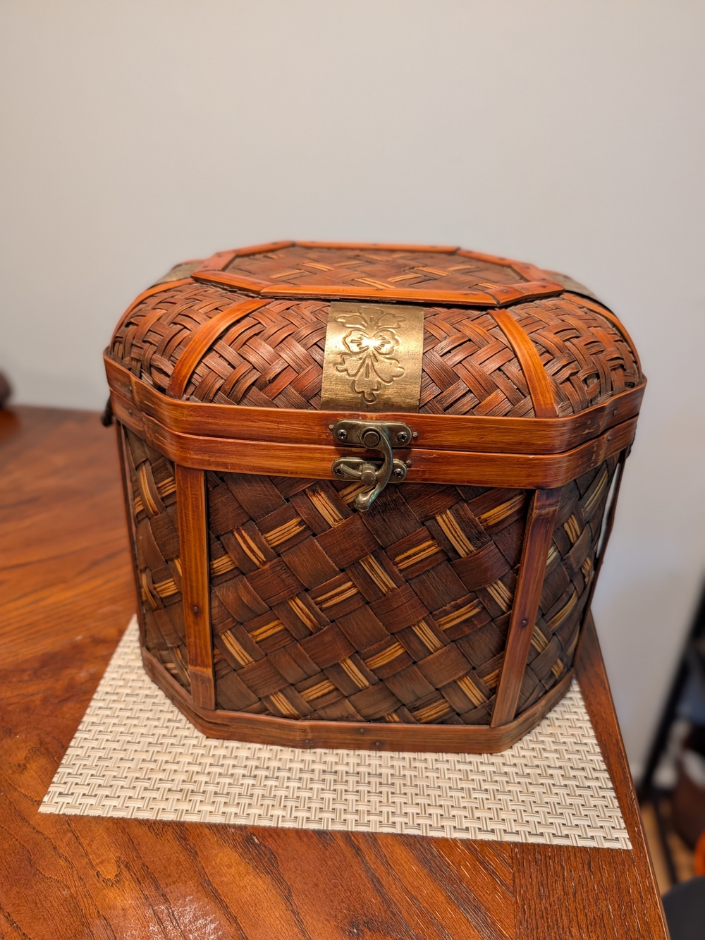 Woven Brown Decorative Storage Basket with Brass Accent. Vintage.